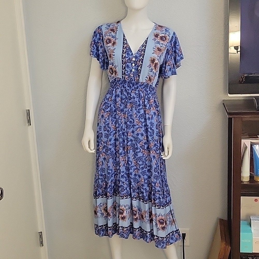 Cute Coquette Prairie Granny Floral Empire Waist Swing Shirt Land Girl Dress - Picture 3 of 8